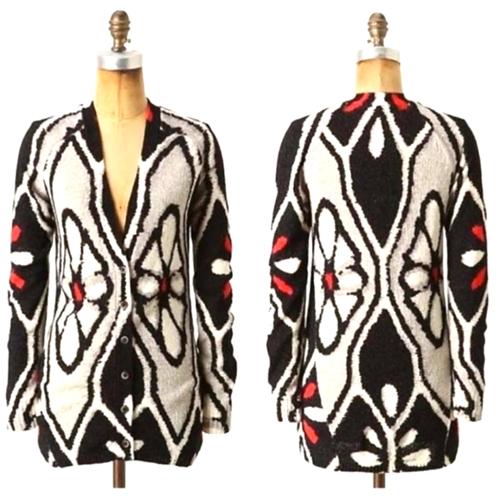 Anthropologie Field Flower Bold Artistic Geometric Cotton Knit Stretch Sweater